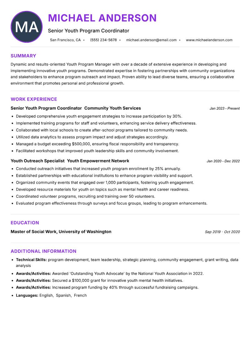Youth Program Manager resume example