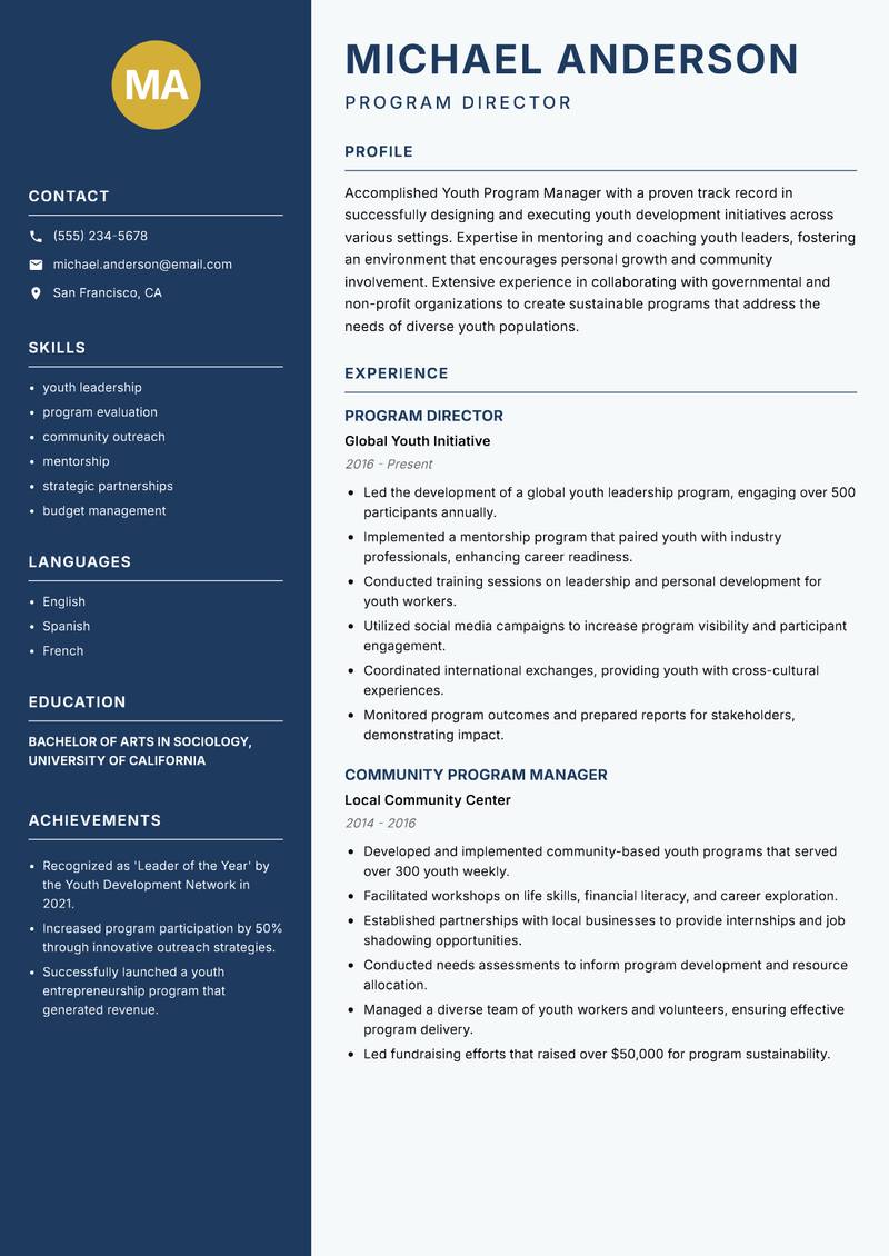 Youth Program Manager resume sample — Program Director focus