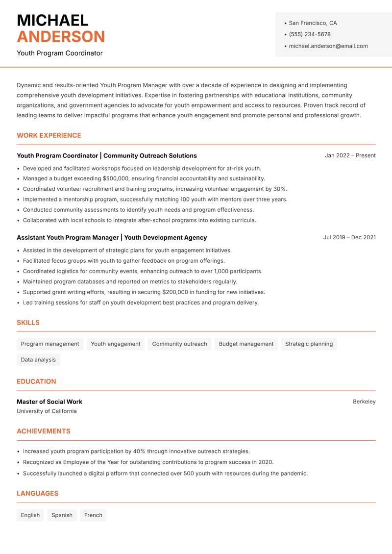 Youth Program Manager resume sample — Youth Program Coordinator focus
