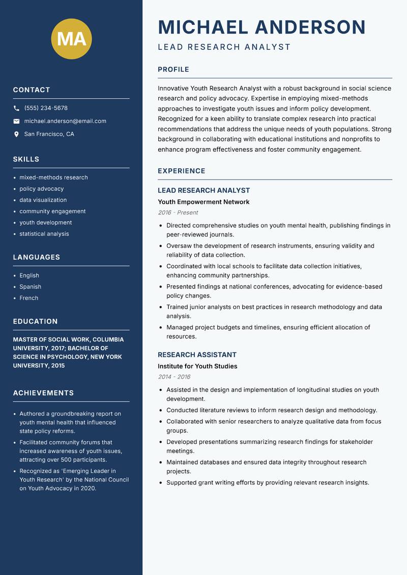 Youth Research Analyst resume sample — Lead Research Analyst focus