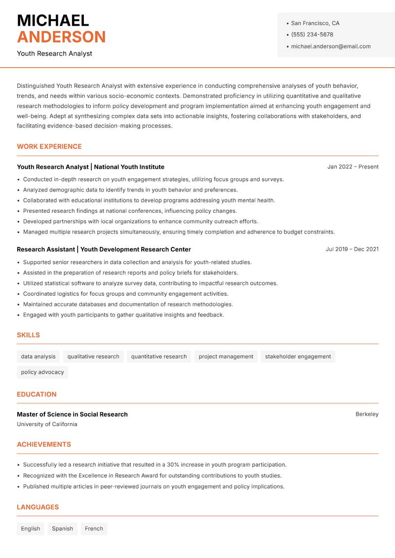 Youth Research Analyst resume sample — Youth Research Analyst focus