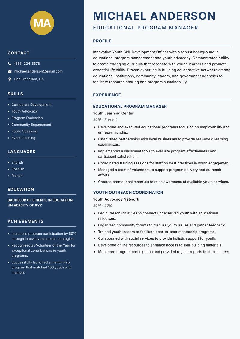 Youth Skill Development Officer resume sample — Educational Program Manager focus