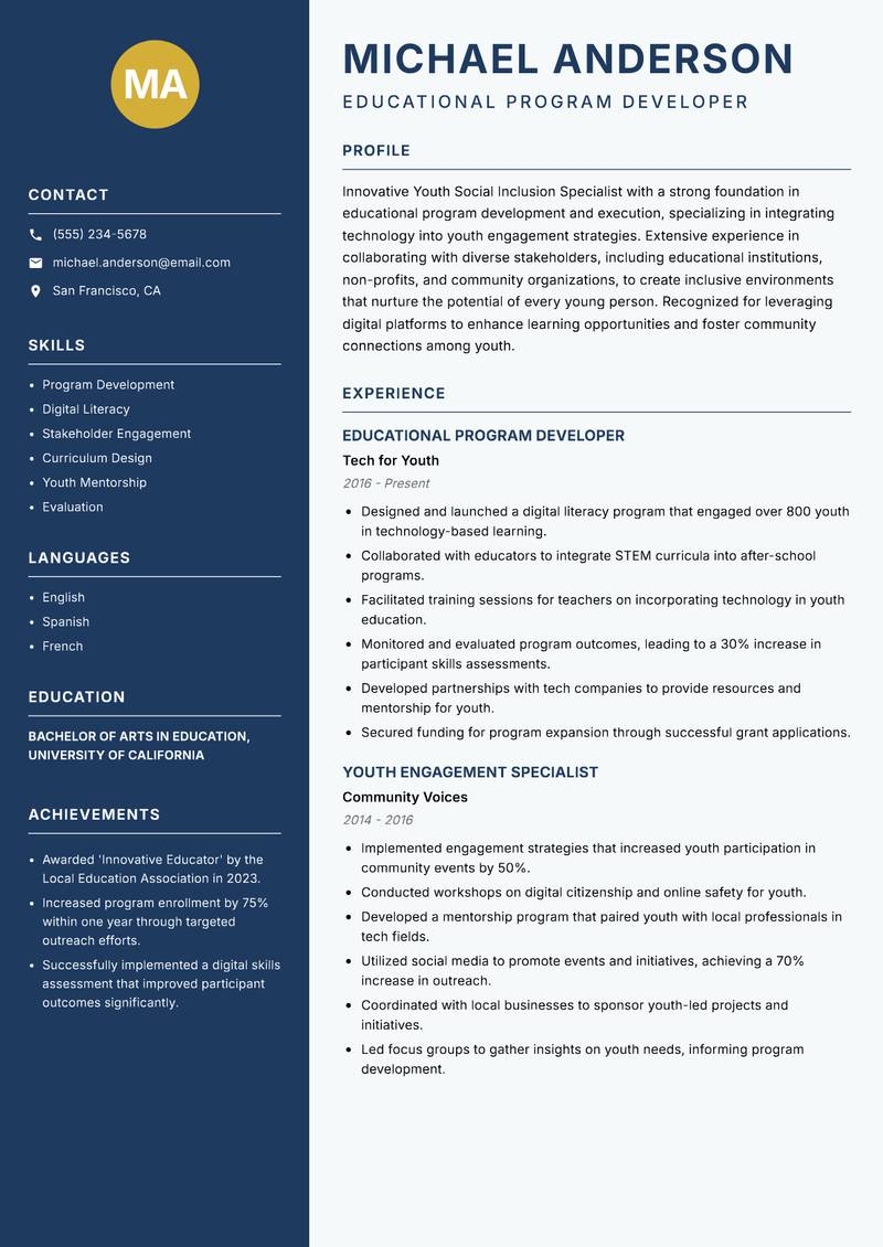 Youth Social Inclusion Specialist resume sample — Educational Program Developer focus