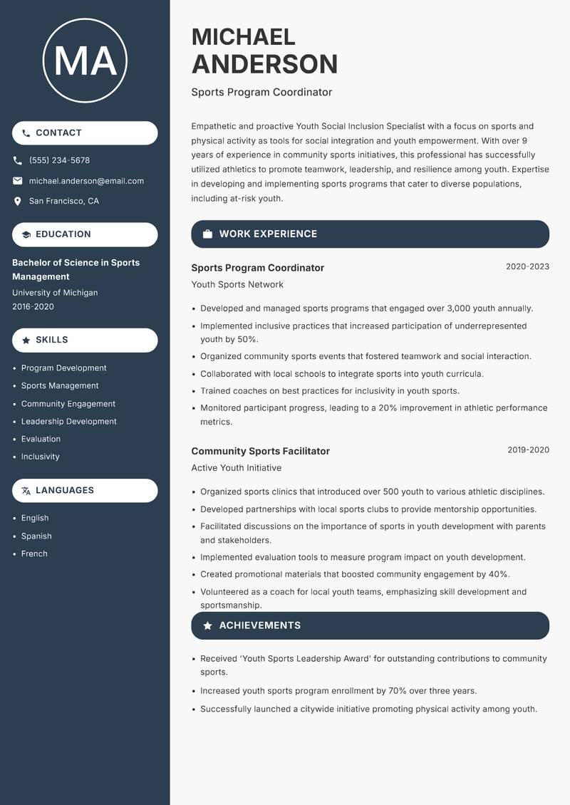 Youth Social Inclusion Specialist resume sample — Sports Program Coordinator focus