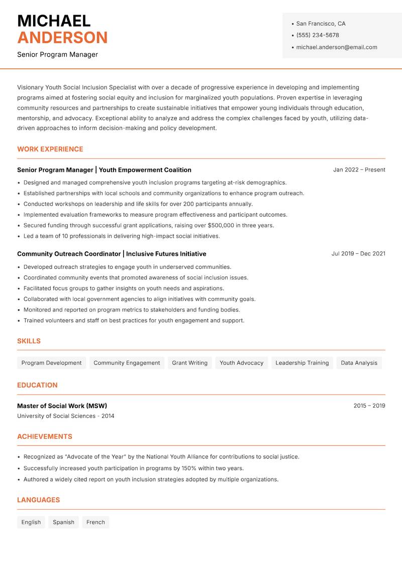 Youth Social Inclusion Specialist resume sample — Senior Program Manager focus