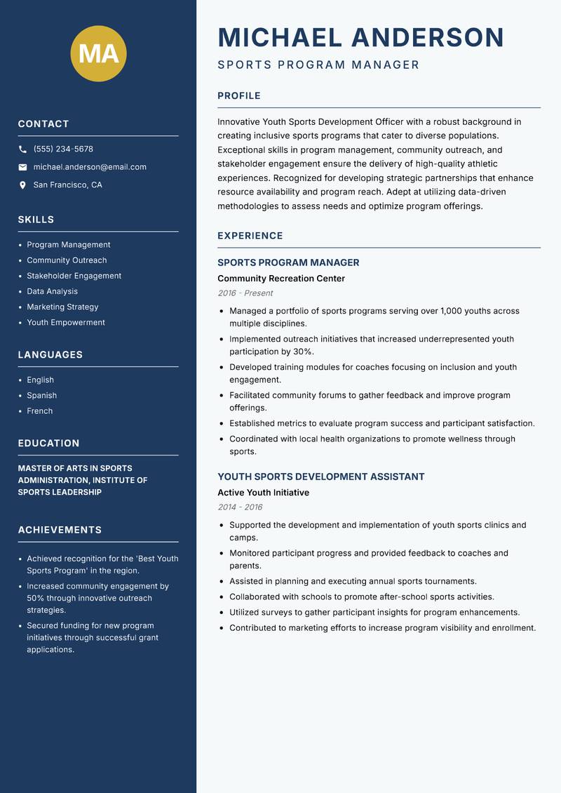 Youth Sports Development Officer resume sample — Sports Program Manager focus
