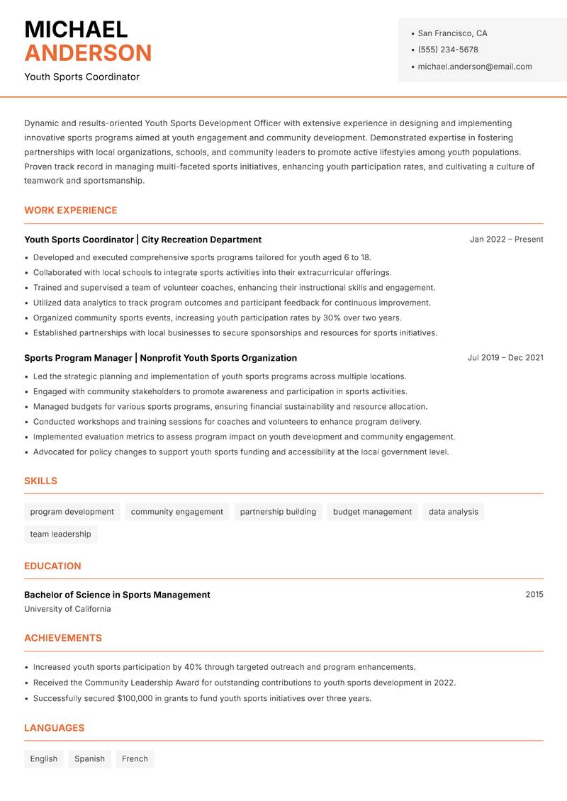 Youth Sports Development Officer resume sample — Youth Sports Coordinator focus