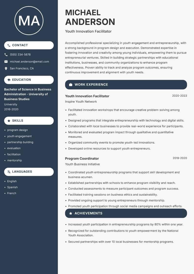 Youth Startup Support Officer resume sample — Youth Innovation Facilitator focus