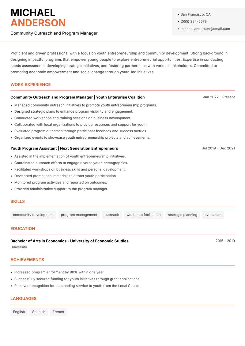 Youth Startup Support Officer resume sample — Community Outreach and Program Manager focus
