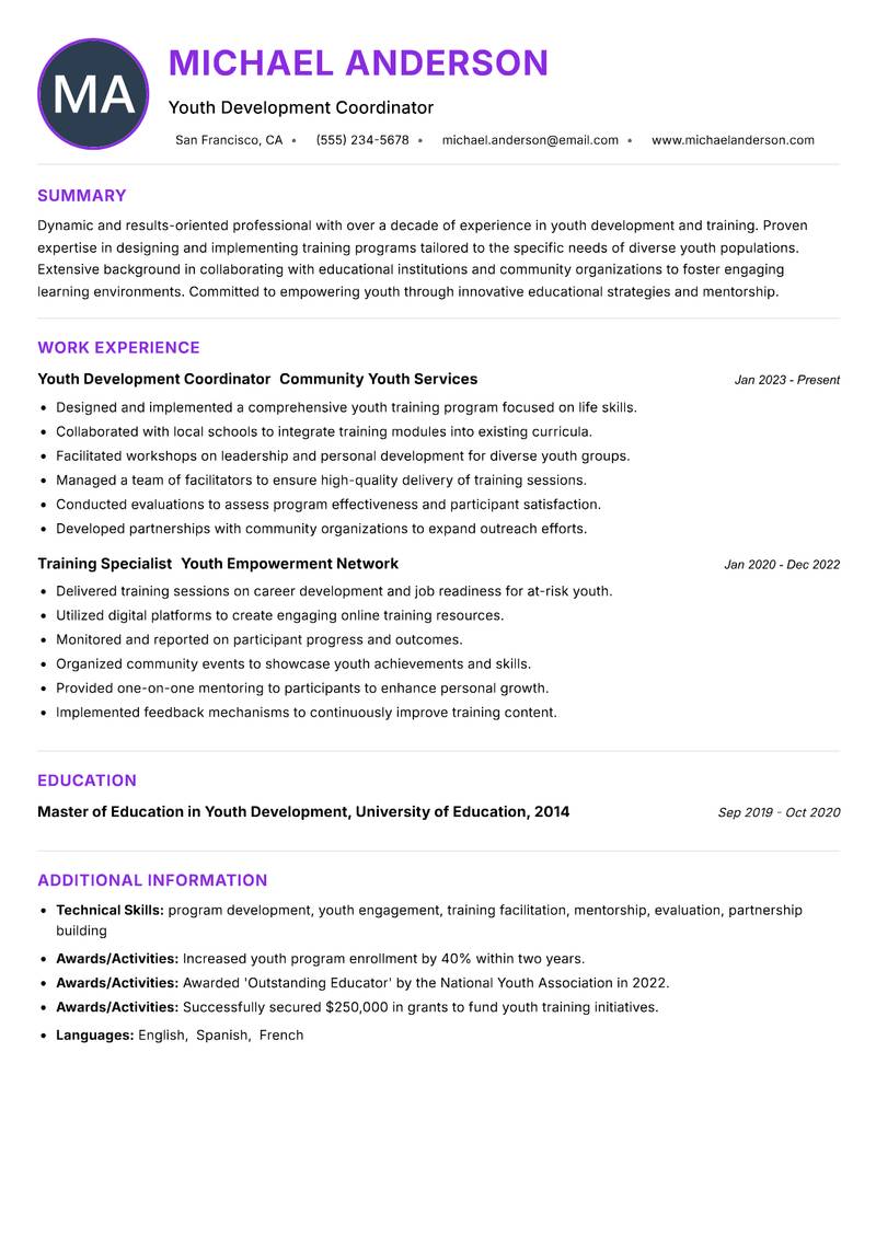Youth Training Officer resume example