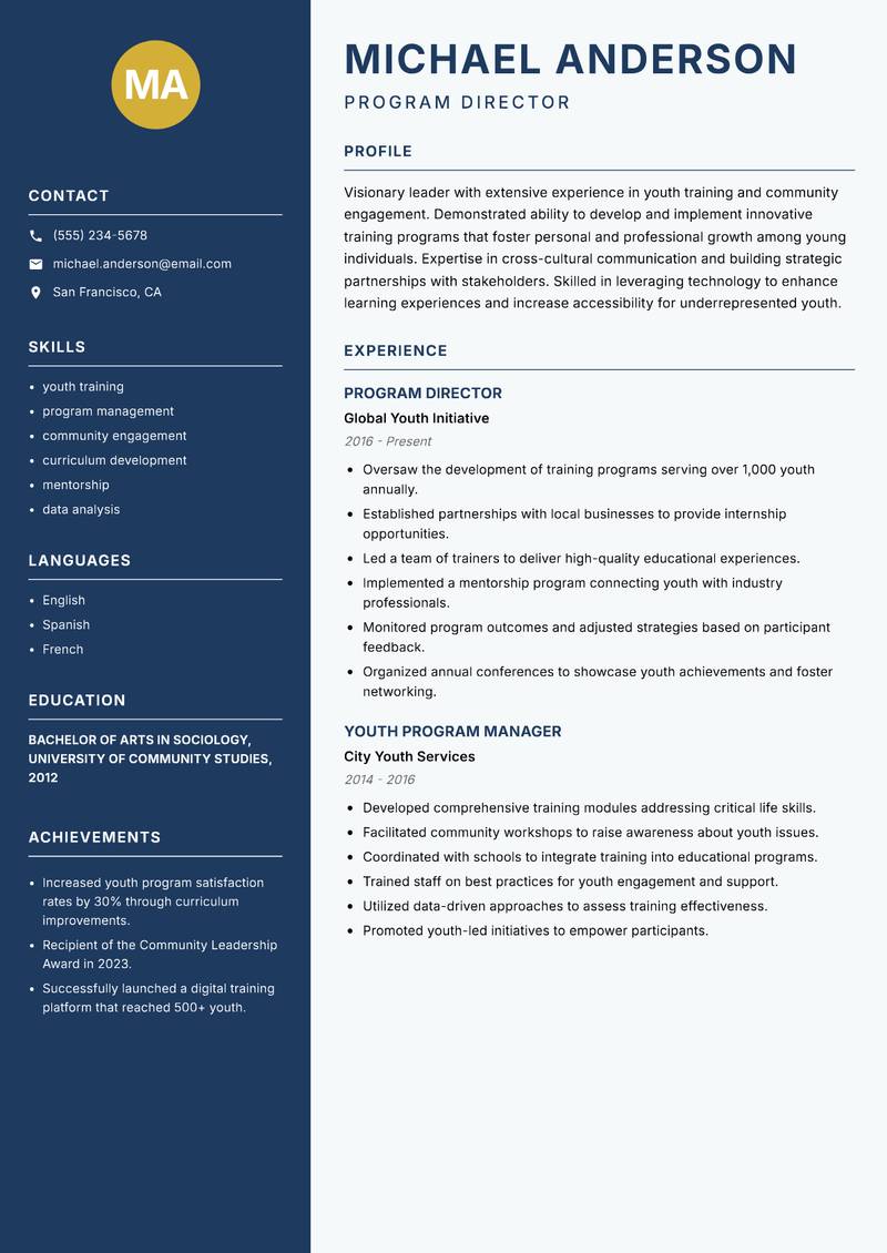 Youth Training Officer resume sample — Program Director focus