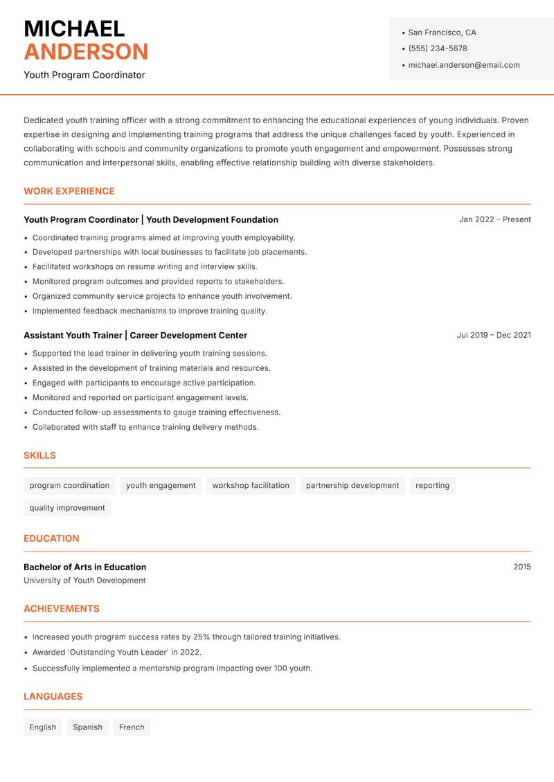 Youth Training Officer resume sample — Youth Program Coordinator focus