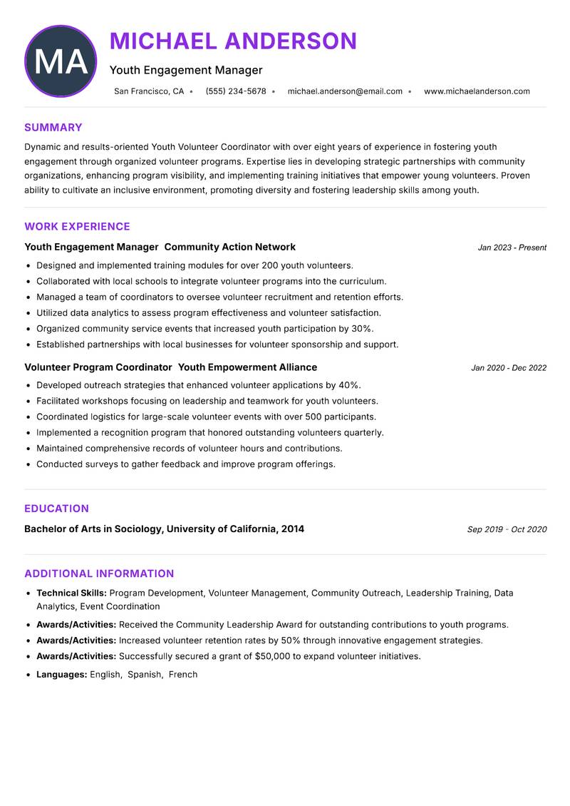 Youth Volunteer Coordinator resume example