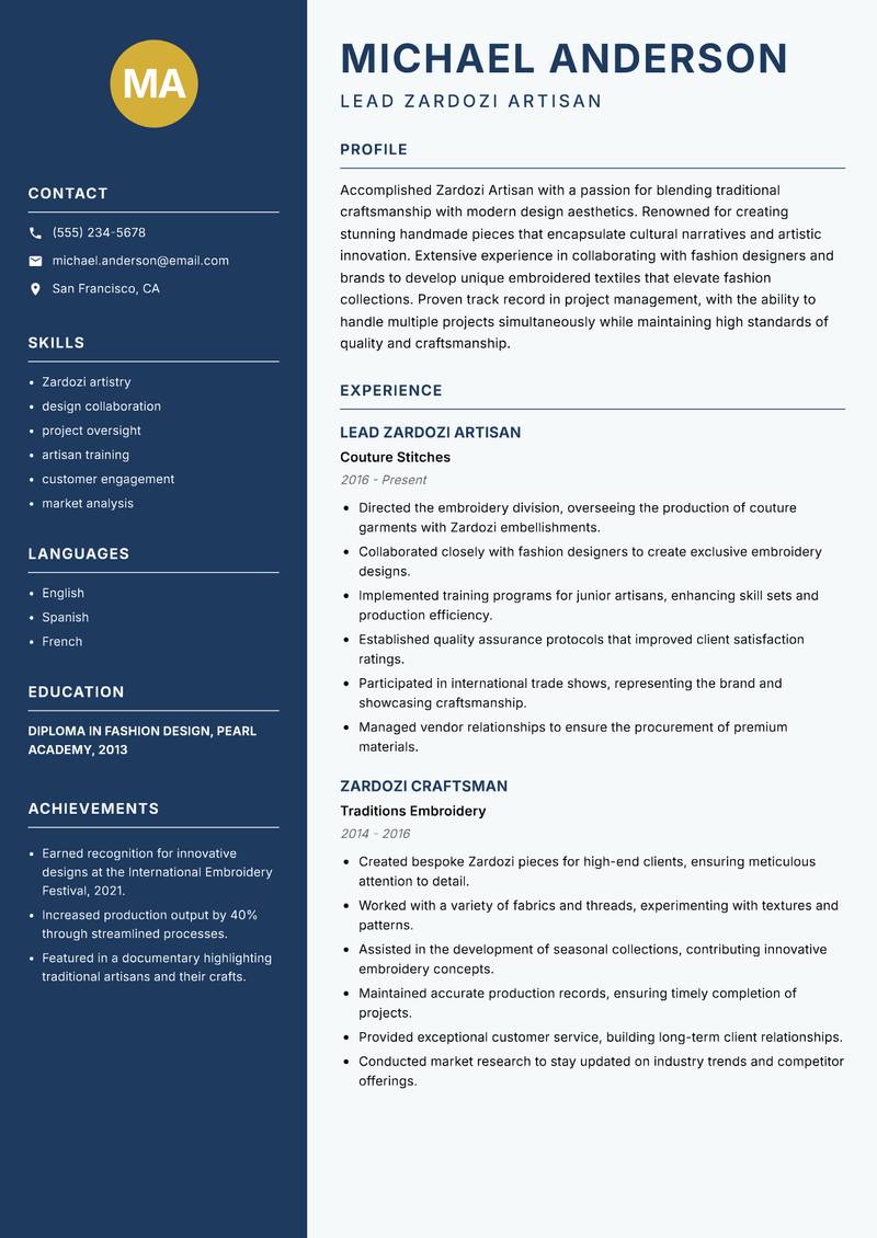 Zardozi Artisan resume sample — Lead Zardozi Artisan focus