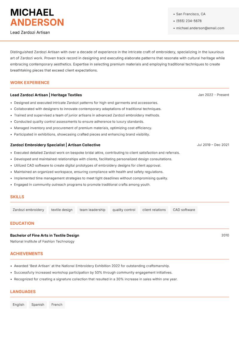 Zardozi Artisan resume sample — Lead Zardozi Artisan focus