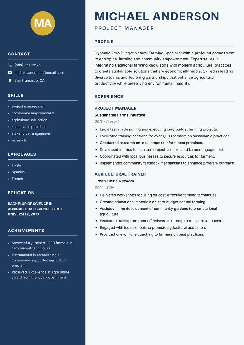 Zero Budget Natural Farming Specialist resume sample — Project Manager focus