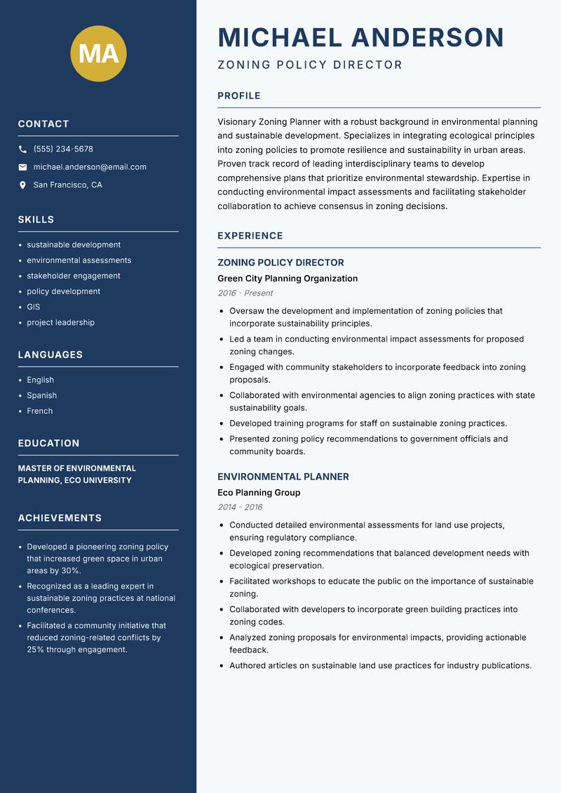 Zoning Planner resume sample — Zoning Policy Director focus