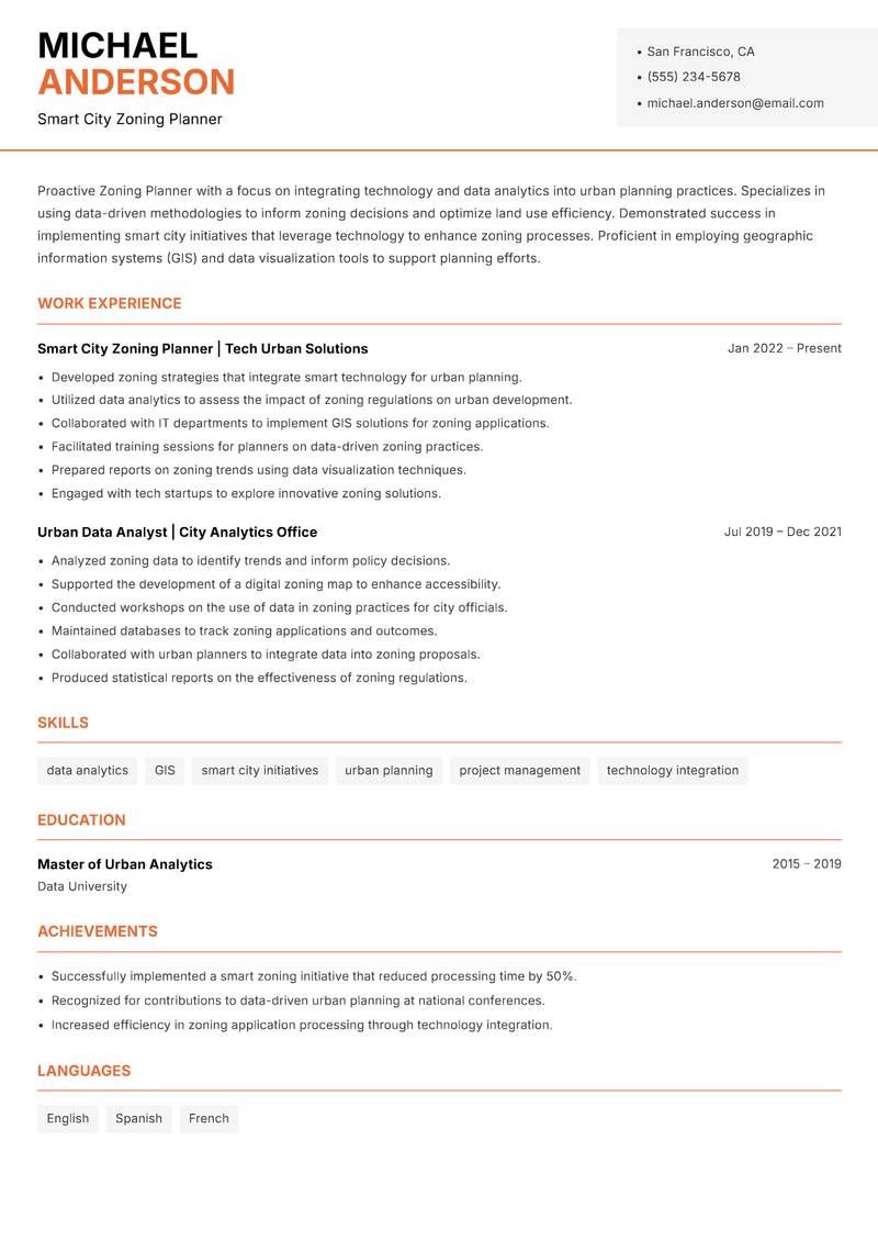 Zoning Planner resume sample — Smart City Zoning Planner focus
