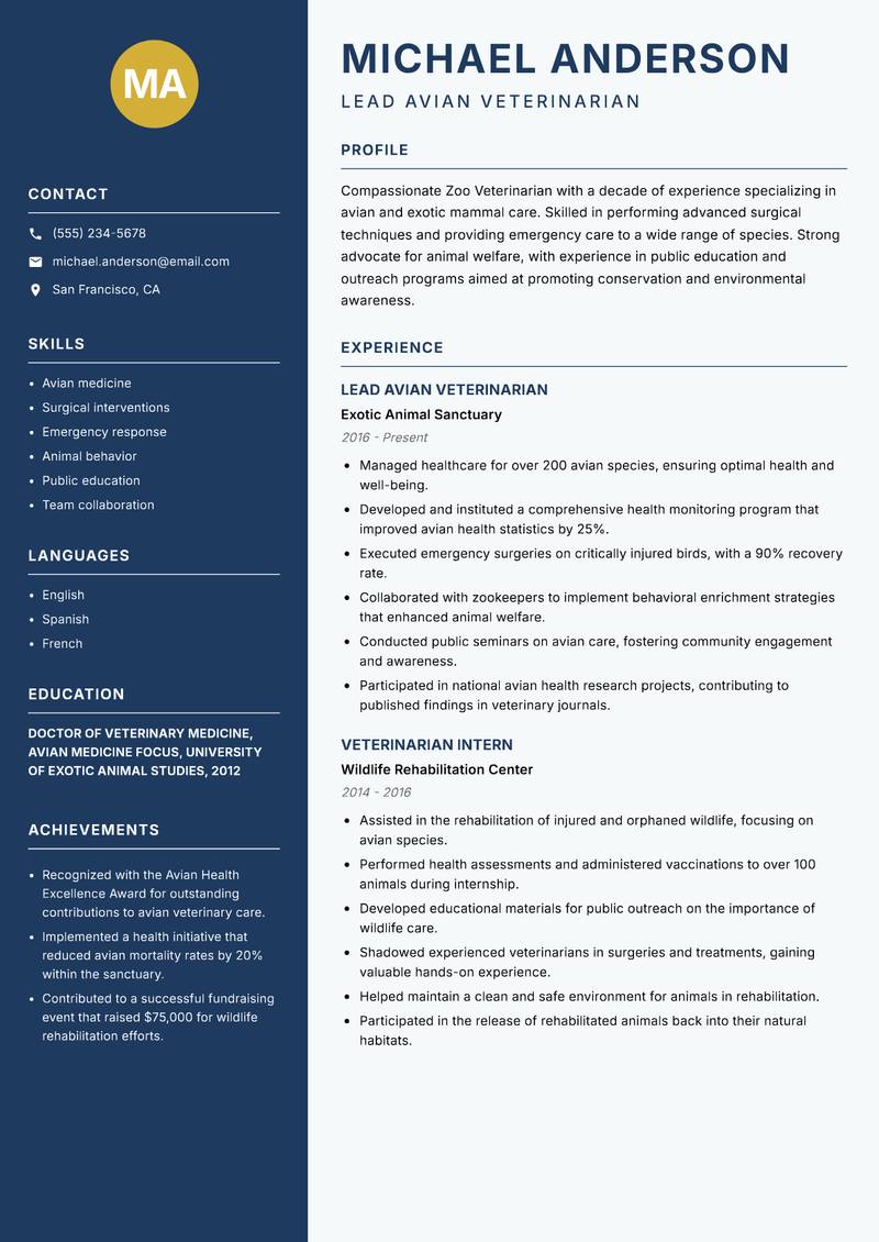 Zoo Veterinarian resume sample — Lead Avian Veterinarian focus