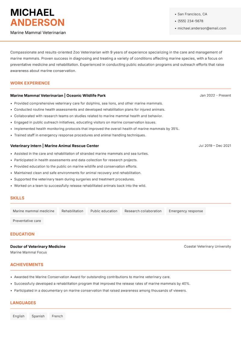 Zoo Veterinarian resume sample — Marine Mammal Veterinarian focus