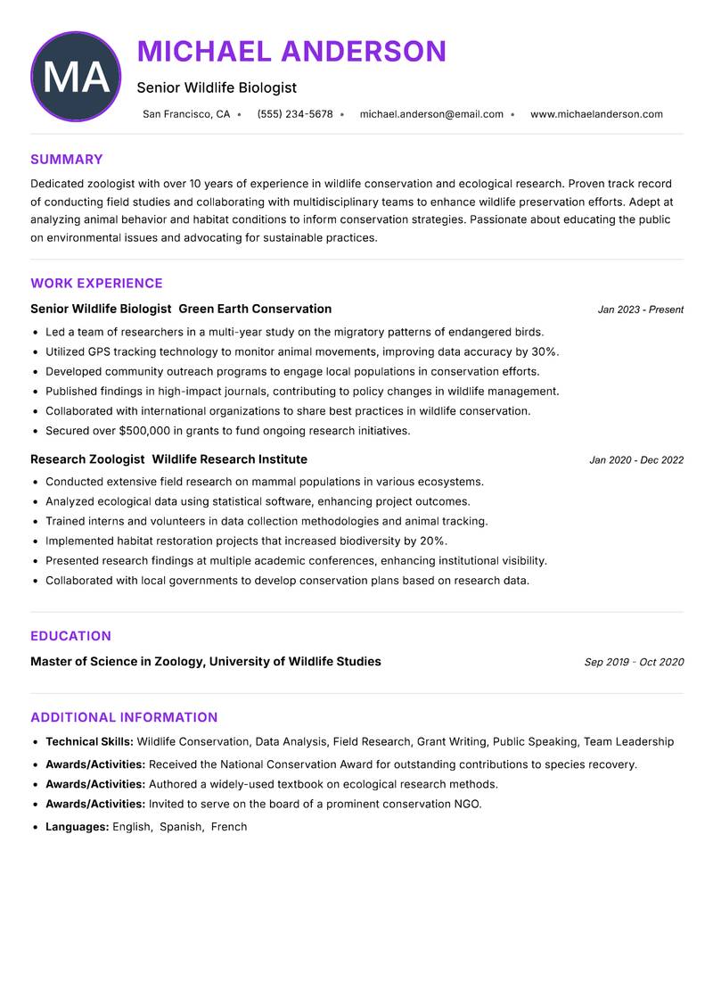 Zoologist resume example
