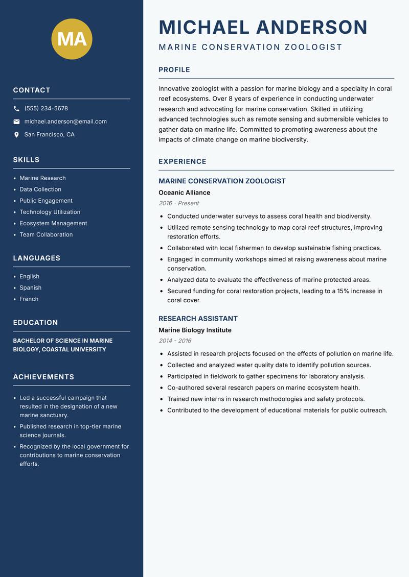 Zoologist resume sample — Marine Conservation Zoologist focus