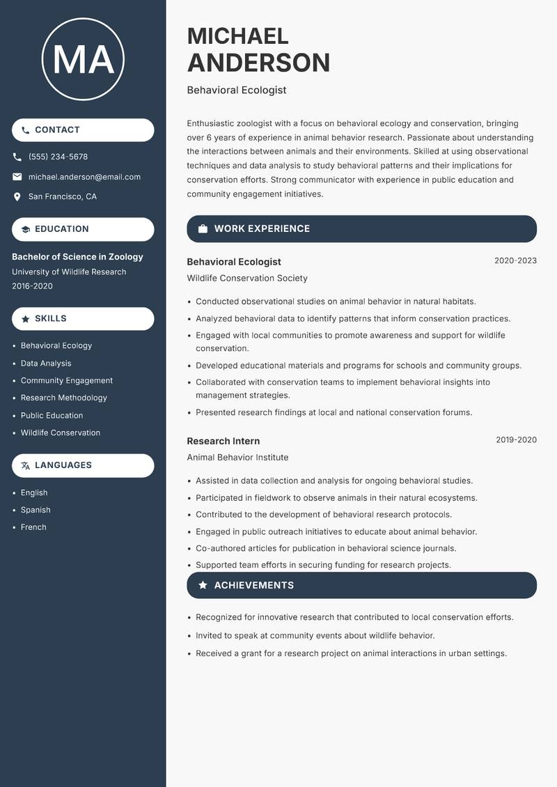 Zoologist resume sample — Behavioral Ecologist focus