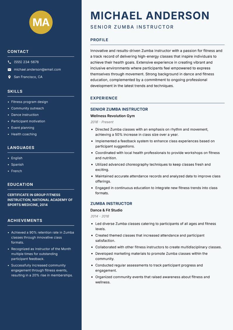 Zumba Instructor resume sample — Senior Zumba Instructor focus
