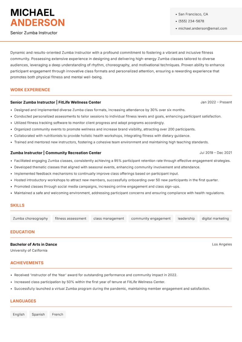 Zumba Instructor resume sample — Senior Zumba Instructor focus